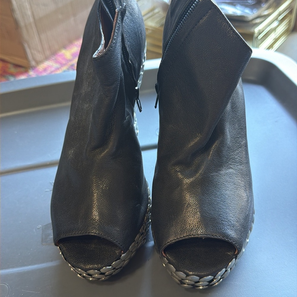 Jeffrey Campbell TICK Black Leather Silver Studded Wedge Booties - Picture 5 of 5